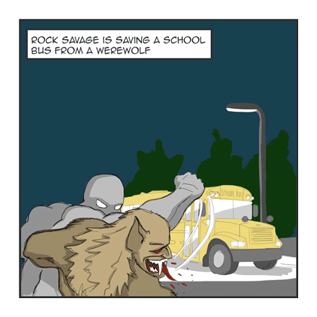 Rock Savage is saving a school bus froma werewolf!